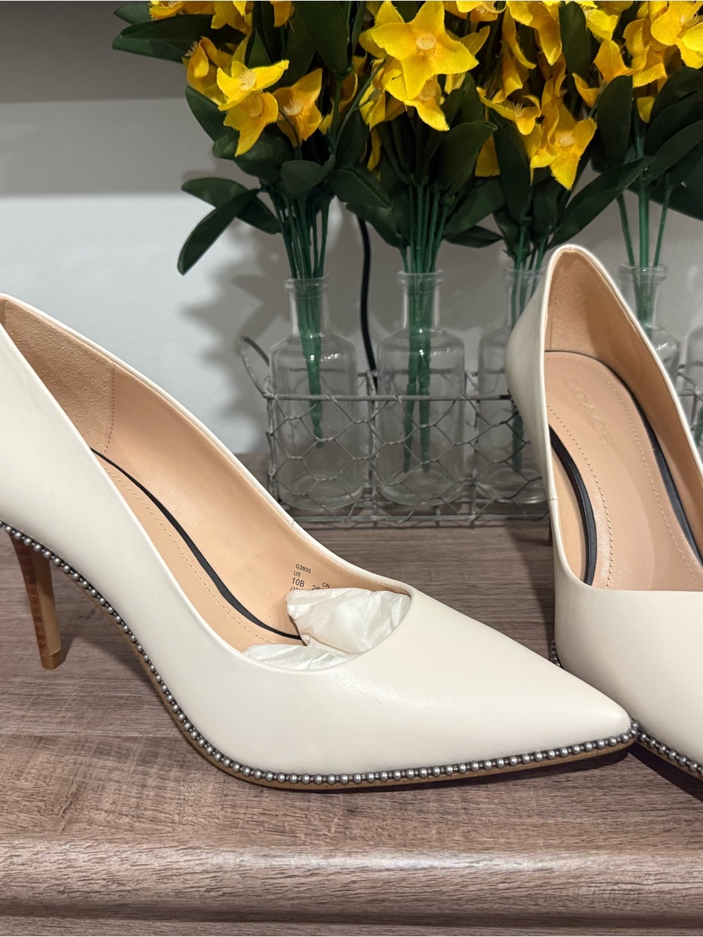 Coach Cream Pointed-Toe High Heels with Studded Trim